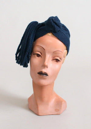 Vintage 1940s Blue Knit Tassel Turban Hat
