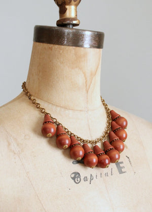 Vintage 1940s Brass and Wood Dangles Necklace