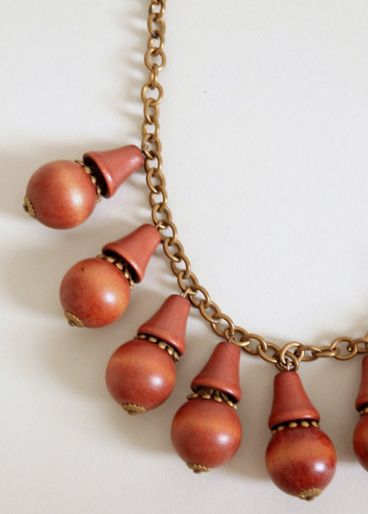 Vintage 1940s Brass and Wood Dangles Necklace