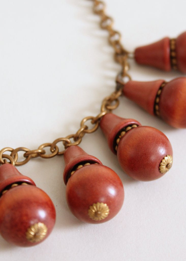 Vintage 1940s Brass and Wood Dangles Necklace