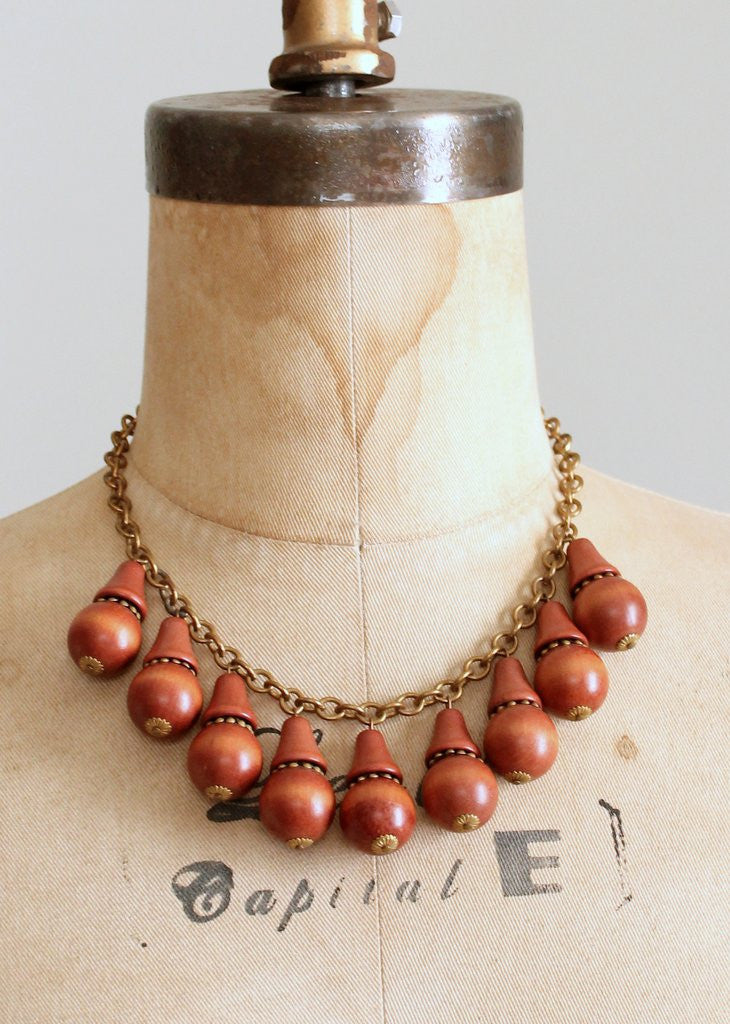 Vintage 1940s Brass and Wood Dangles Necklace
