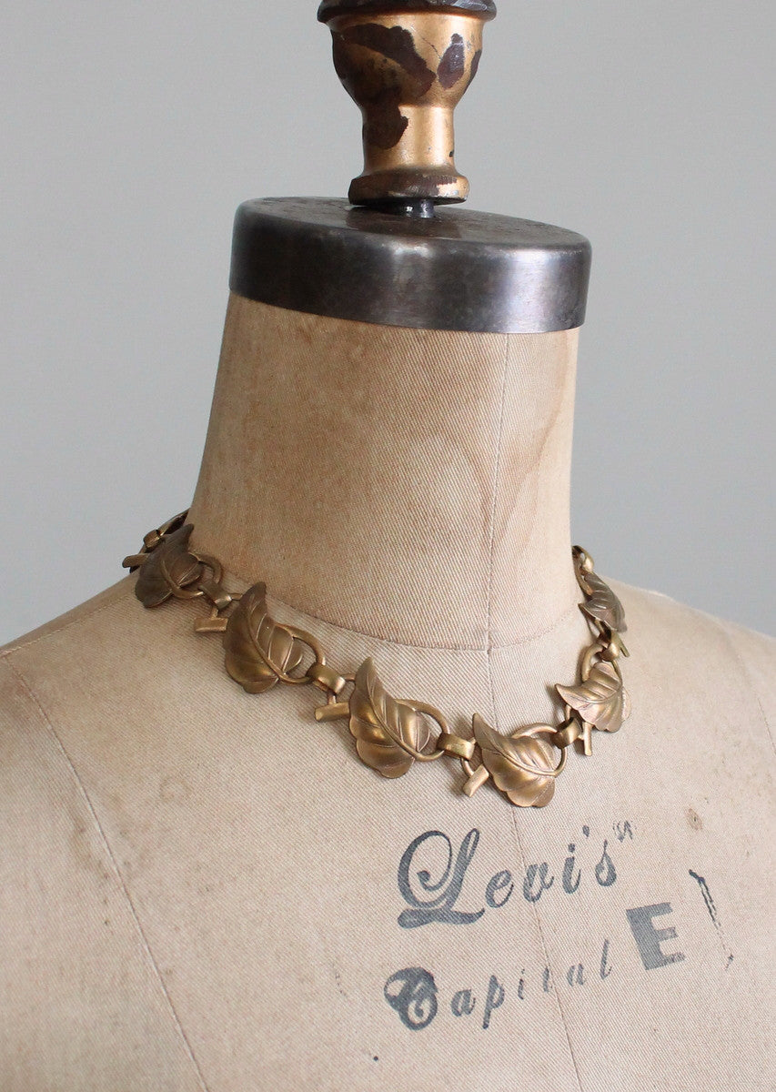 Vintage 1940s Brass Leaf Choker Necklace
