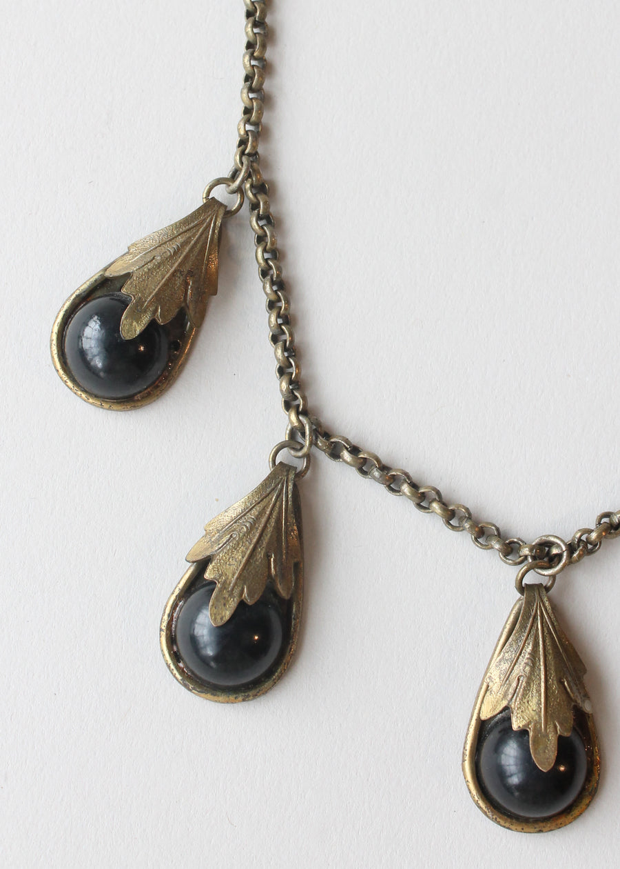 Vintage 1940s Brass and Black Glass Teardrop Necklace
