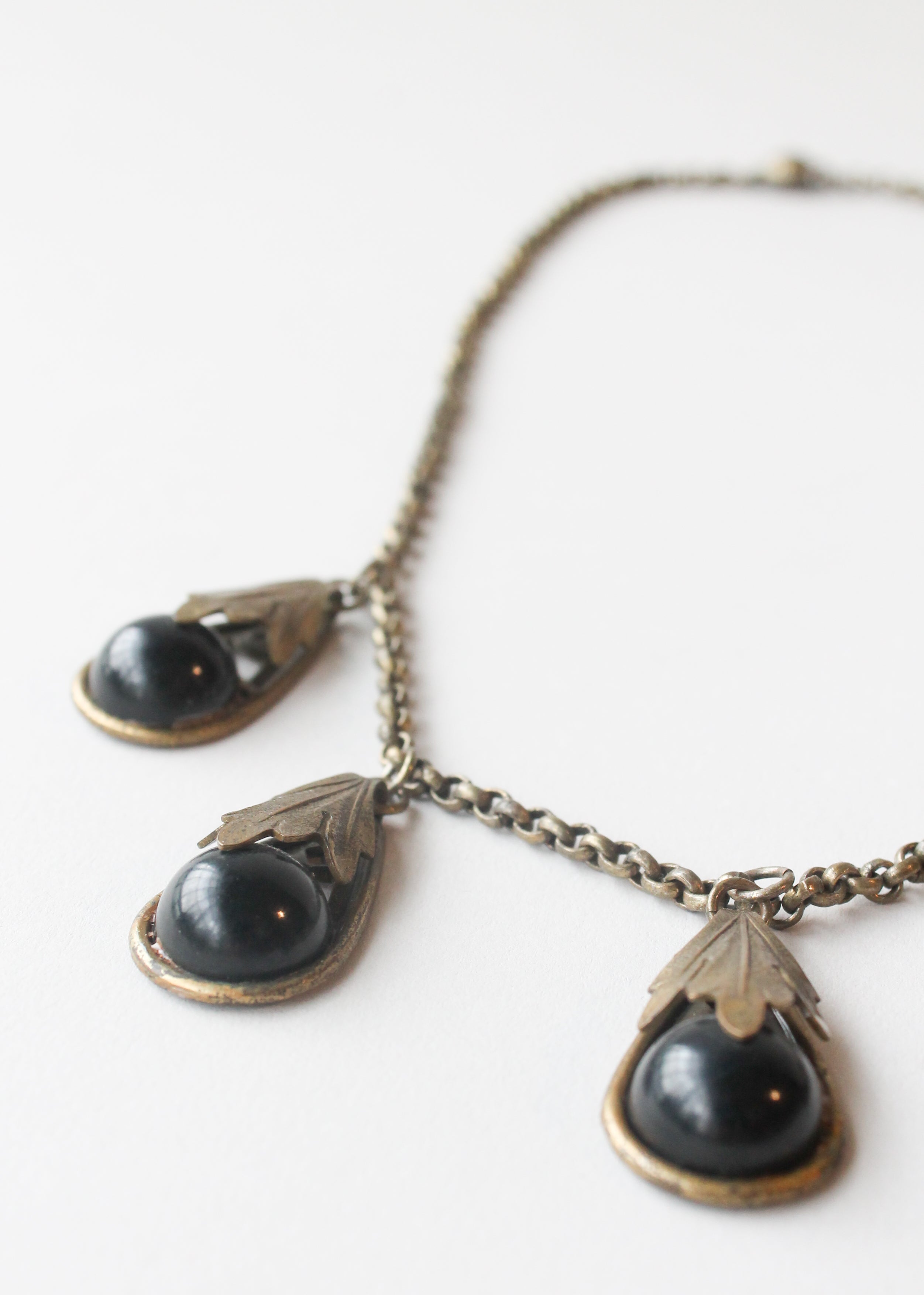 Vintage 1940s Brass and Black Glass Teardrop Necklace