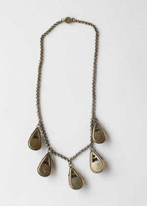 Vintage 1940s Brass and Black Glass Teardrop Necklace