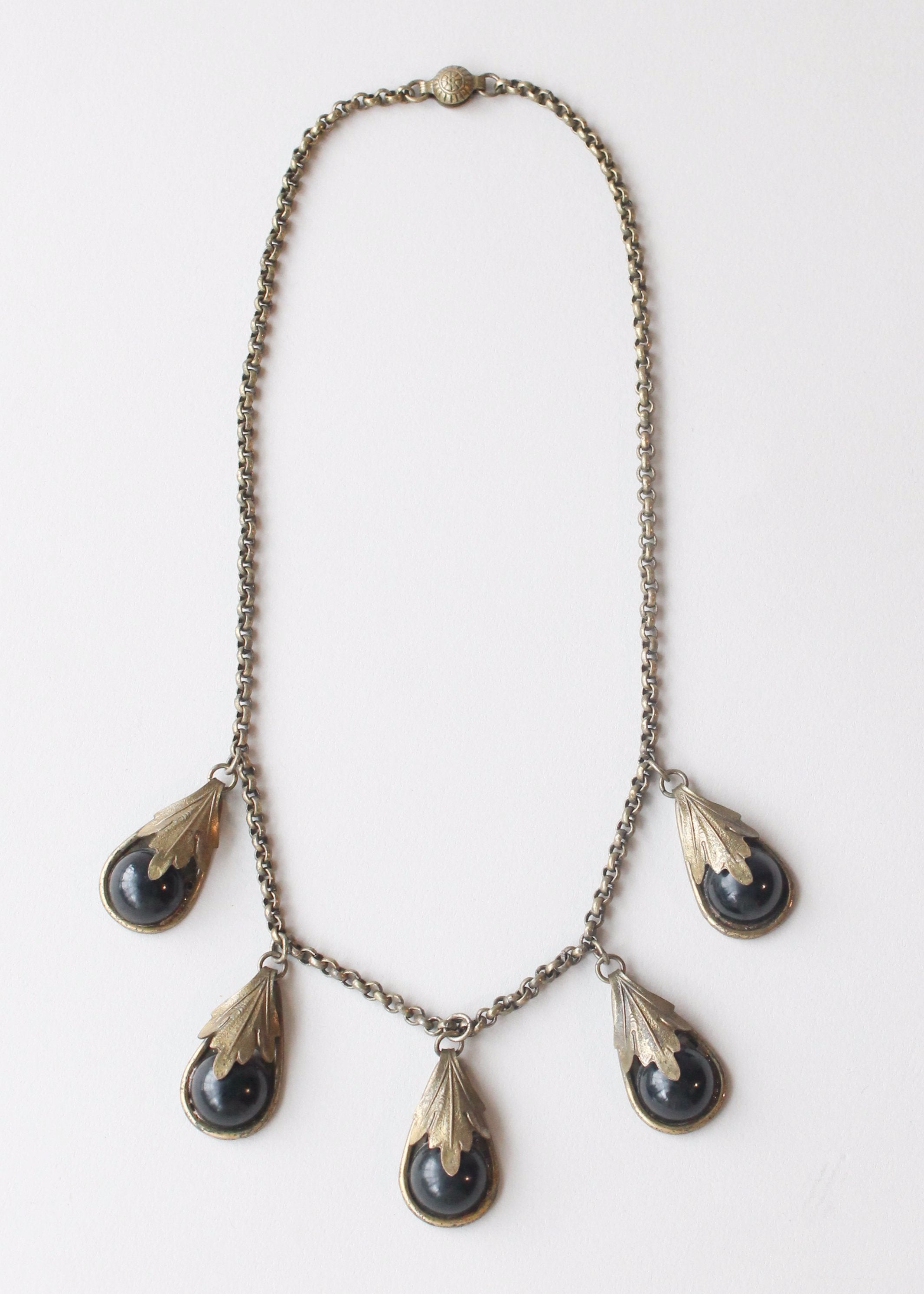 Vintage 1940s Brass and Black Glass Teardrop Necklace