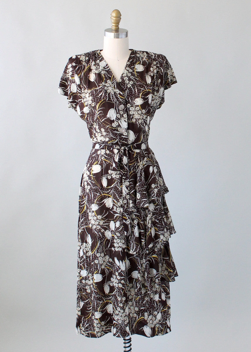Vintage 1940s Brown Floral Rayon Ruffle Dress