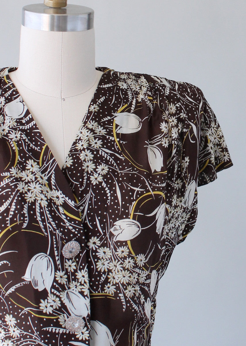 Vintage 1940s Brown Floral Rayon Ruffle Dress
