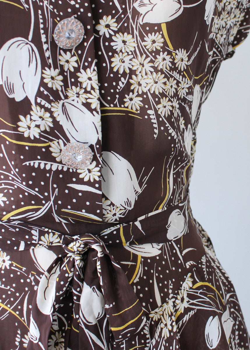 Vintage 1940s Brown Floral Rayon Ruffle Dress