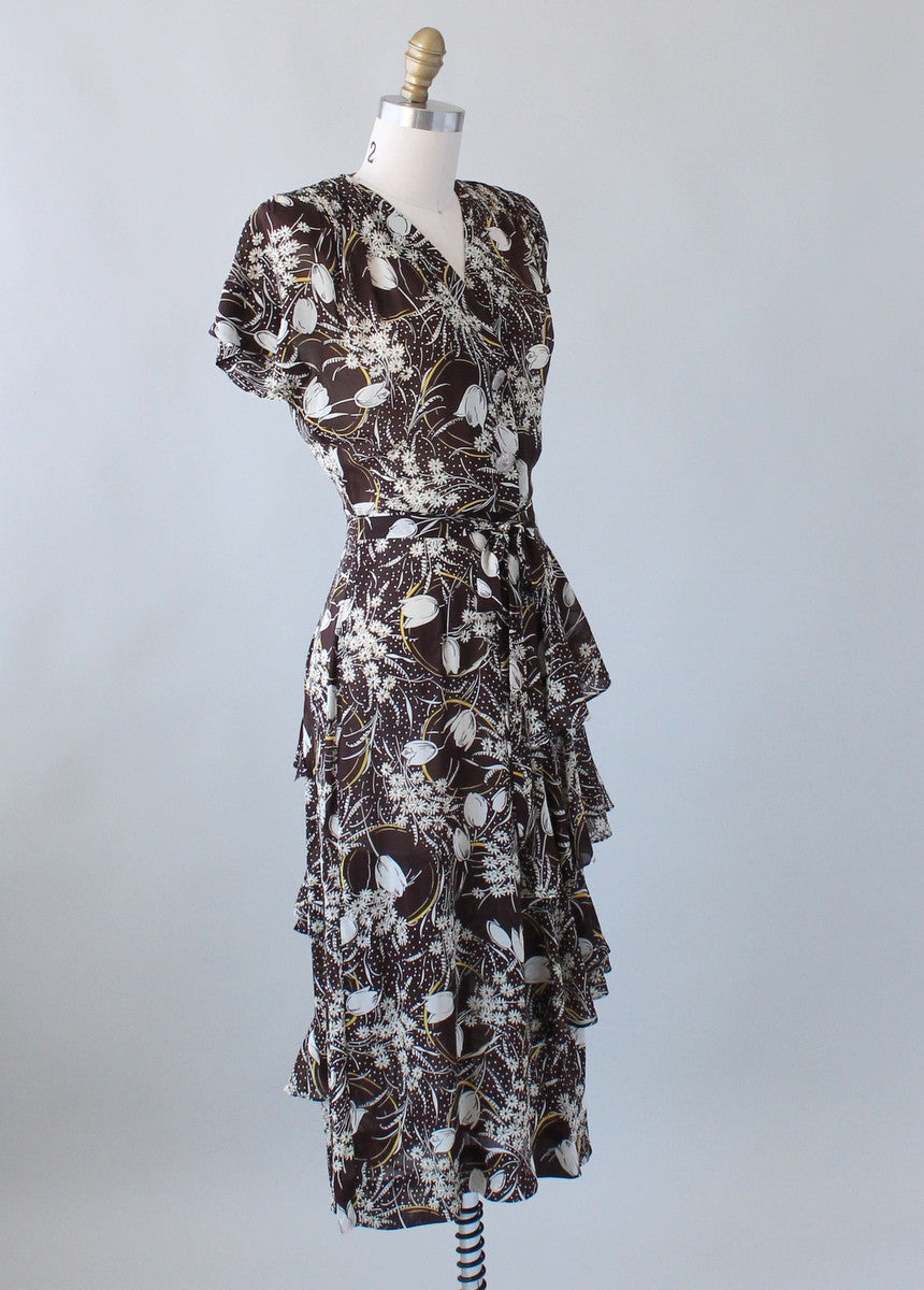 Vintage 1940s Brown Floral Rayon Ruffle Dress