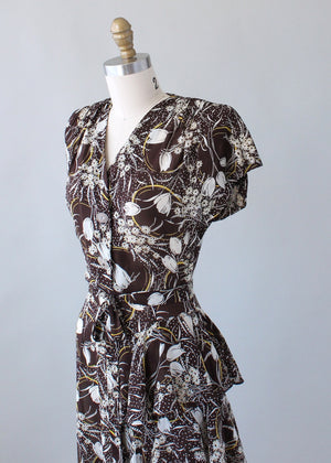 Vintage 1940s Brown Floral Rayon Ruffle Dress