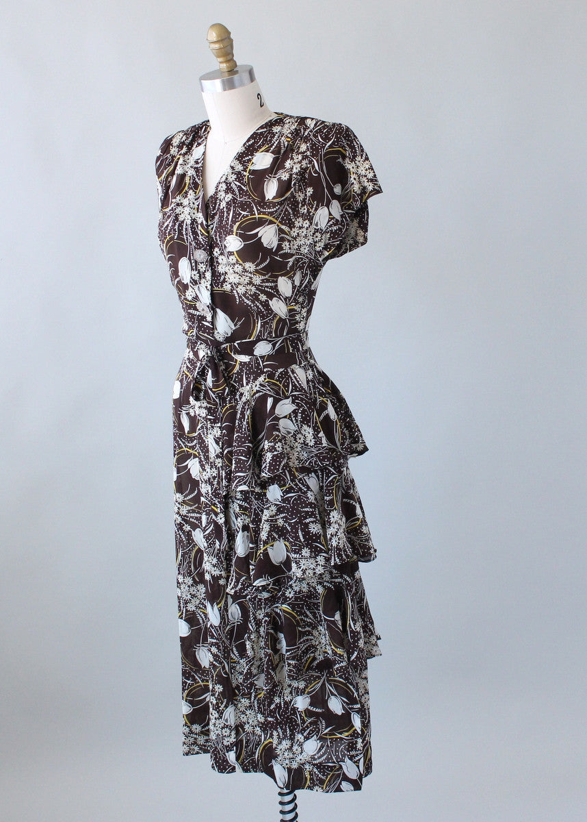 Vintage 1940s Brown Floral Rayon Ruffle Dress