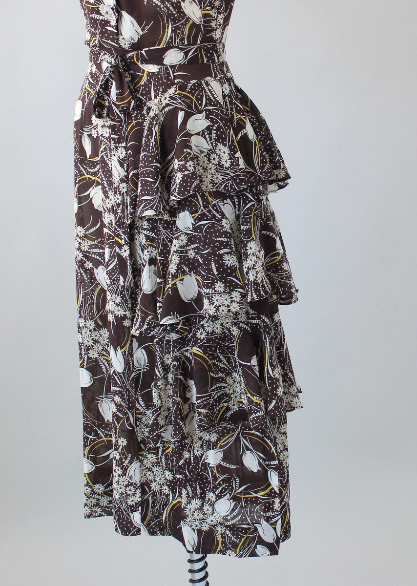 Vintage 1940s Brown Floral Rayon Ruffle Dress