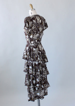 Vintage 1940s Brown Floral Rayon Ruffle Dress