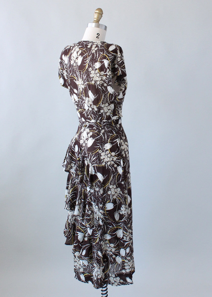 Vintage 1940s Brown Floral Rayon Ruffle Dress