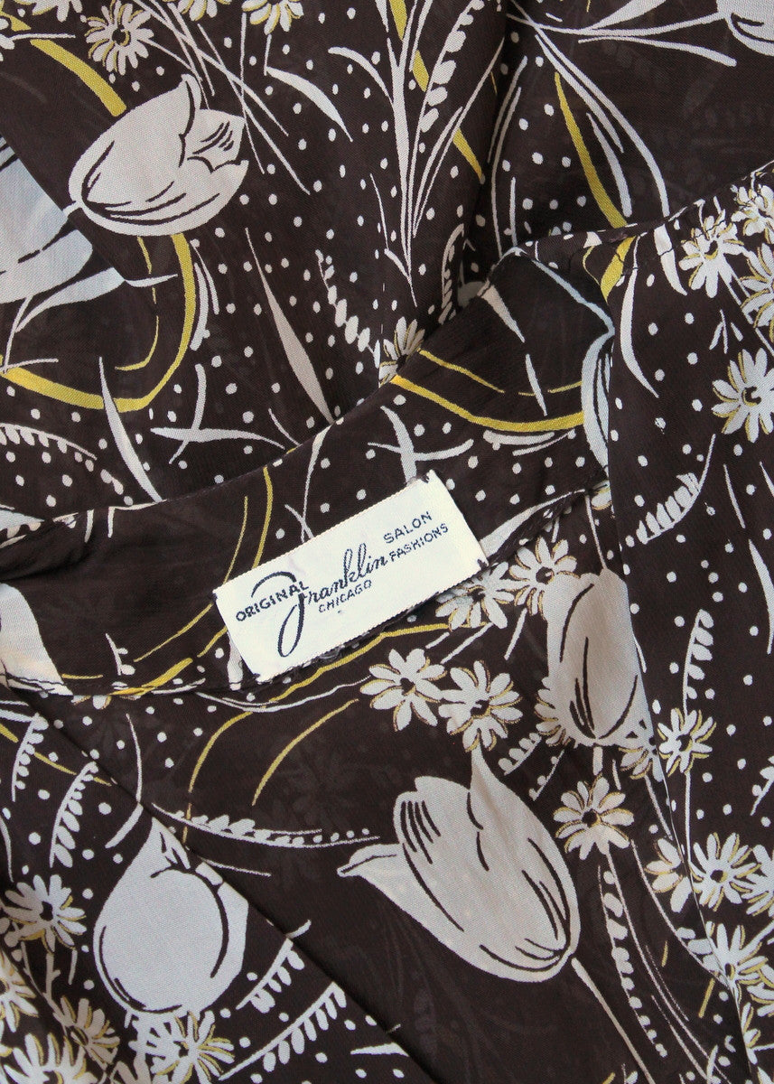 Vintage 1940s Brown Floral Rayon Ruffle Dress