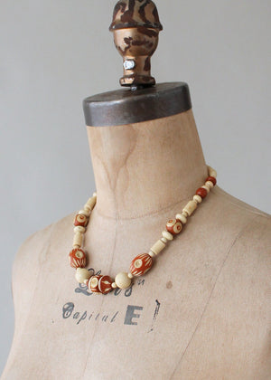 Vintage 1940s Brown and Tan Carved Celluloid Necklace