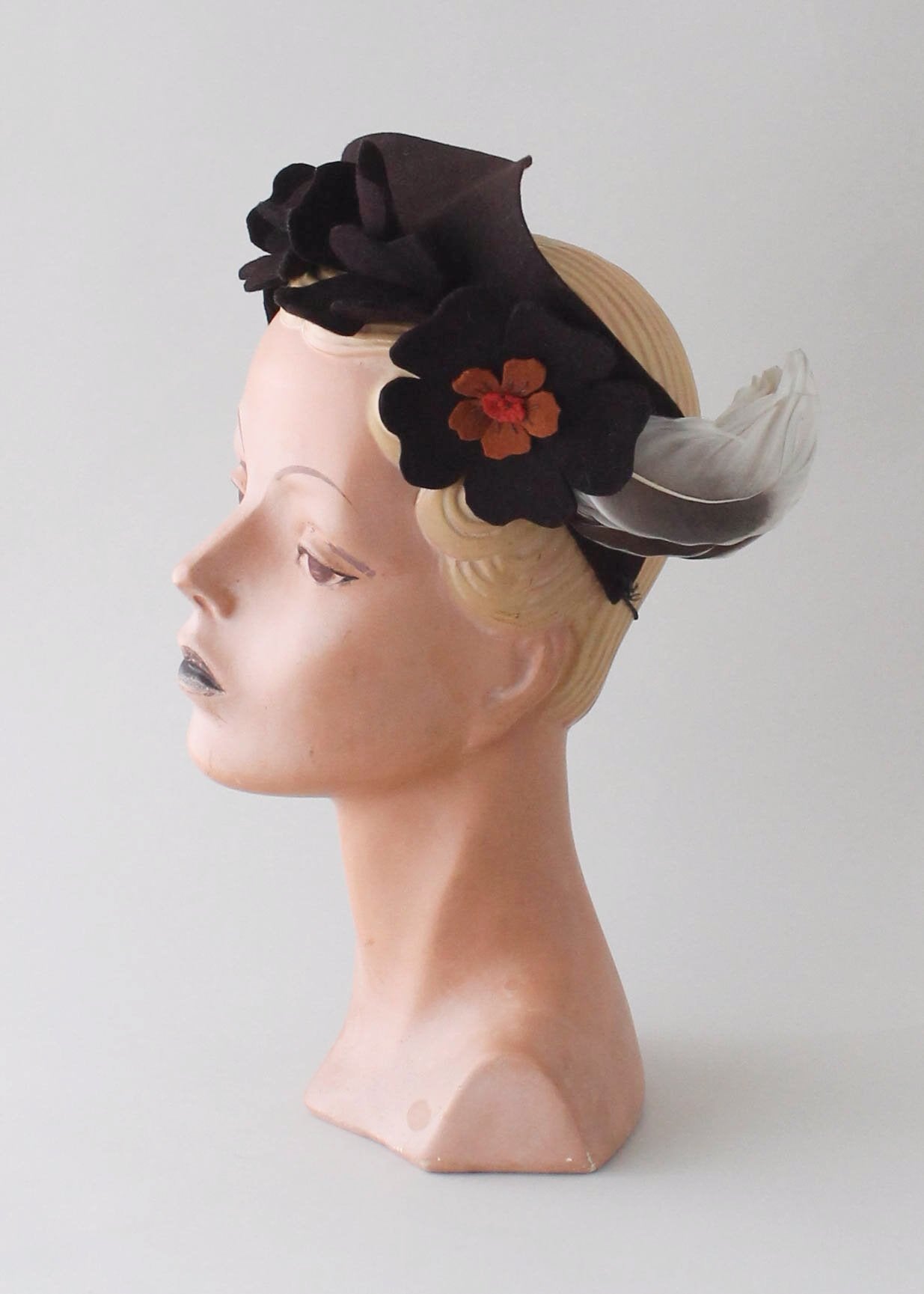 Vintage 1940s Felt Flowers and Feathers Hat