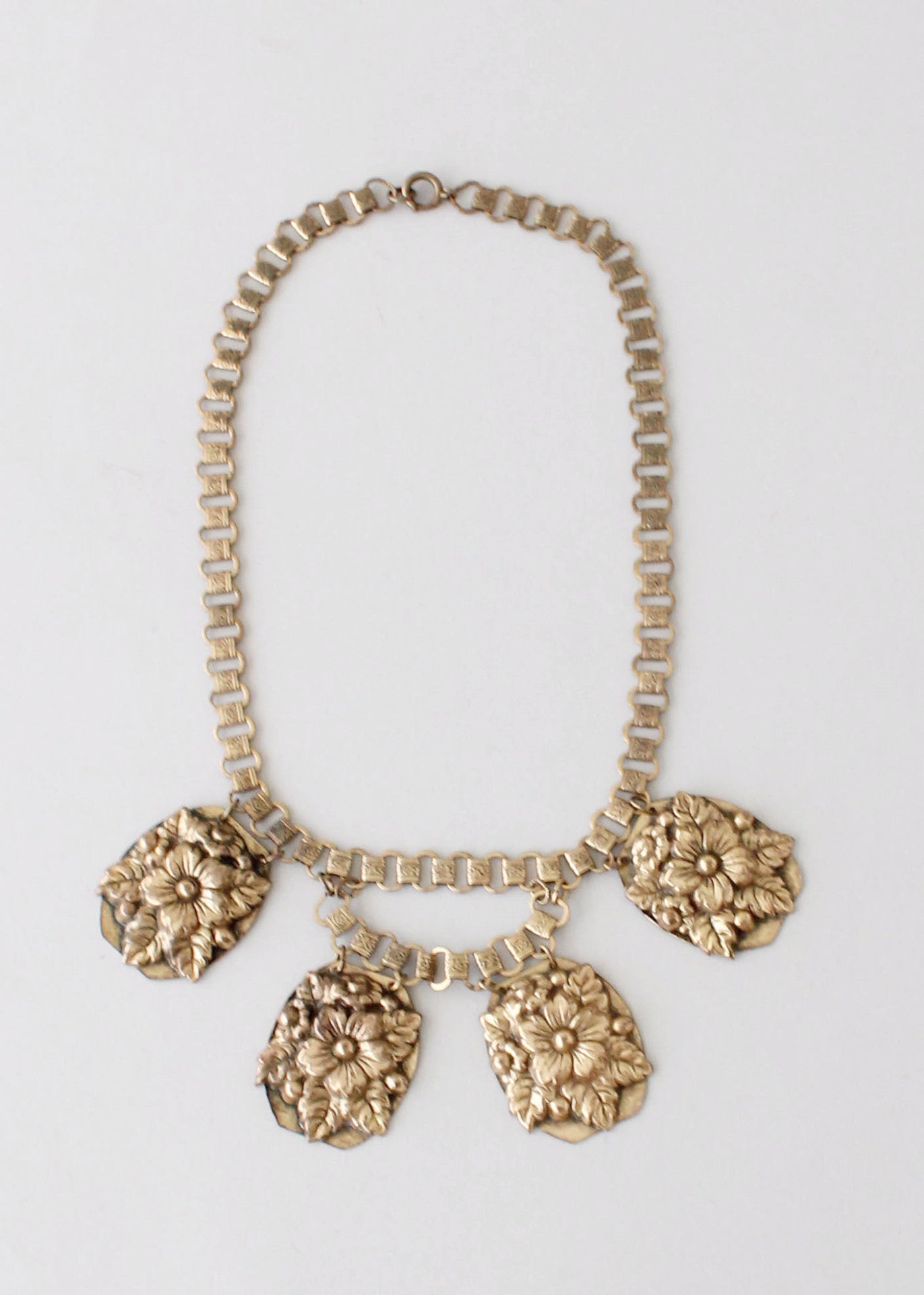 Vintage 1940s Floral Brass Pendant on Book Chain Necklace
