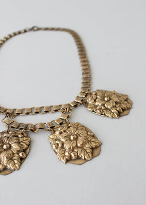 Vintage 1940s Floral Brass Pendant on Book Chain Necklace