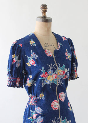Vintage 1940s Floral Cotton Zip Front Day Dress