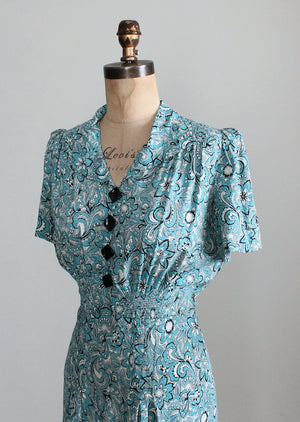 Vintage 1940s Blue and White Floral Print Rayon Day Dress