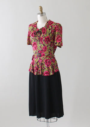 Vintage 1940s Floral Print Rayon Jersey Day Dress