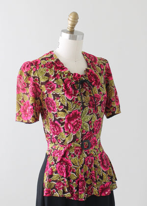 Vintage 1940s Floral Print Rayon Jersey Day Dress