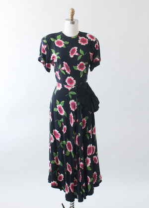 Vintage 1940s Floral Black Rayon Dress