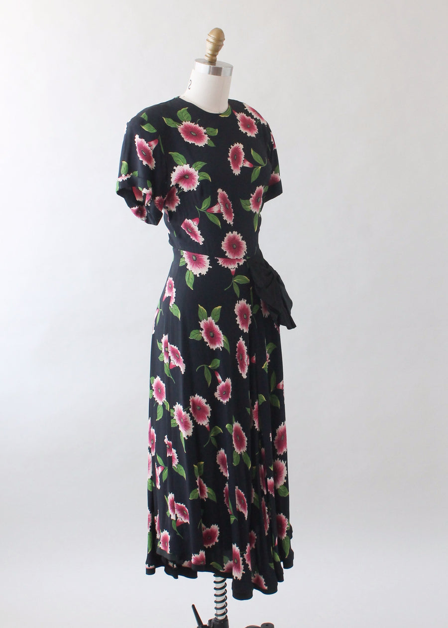 Vintage 1940s Floral Black Rayon Dress