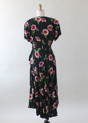 Vintage 1940s Floral Black Rayon Dress