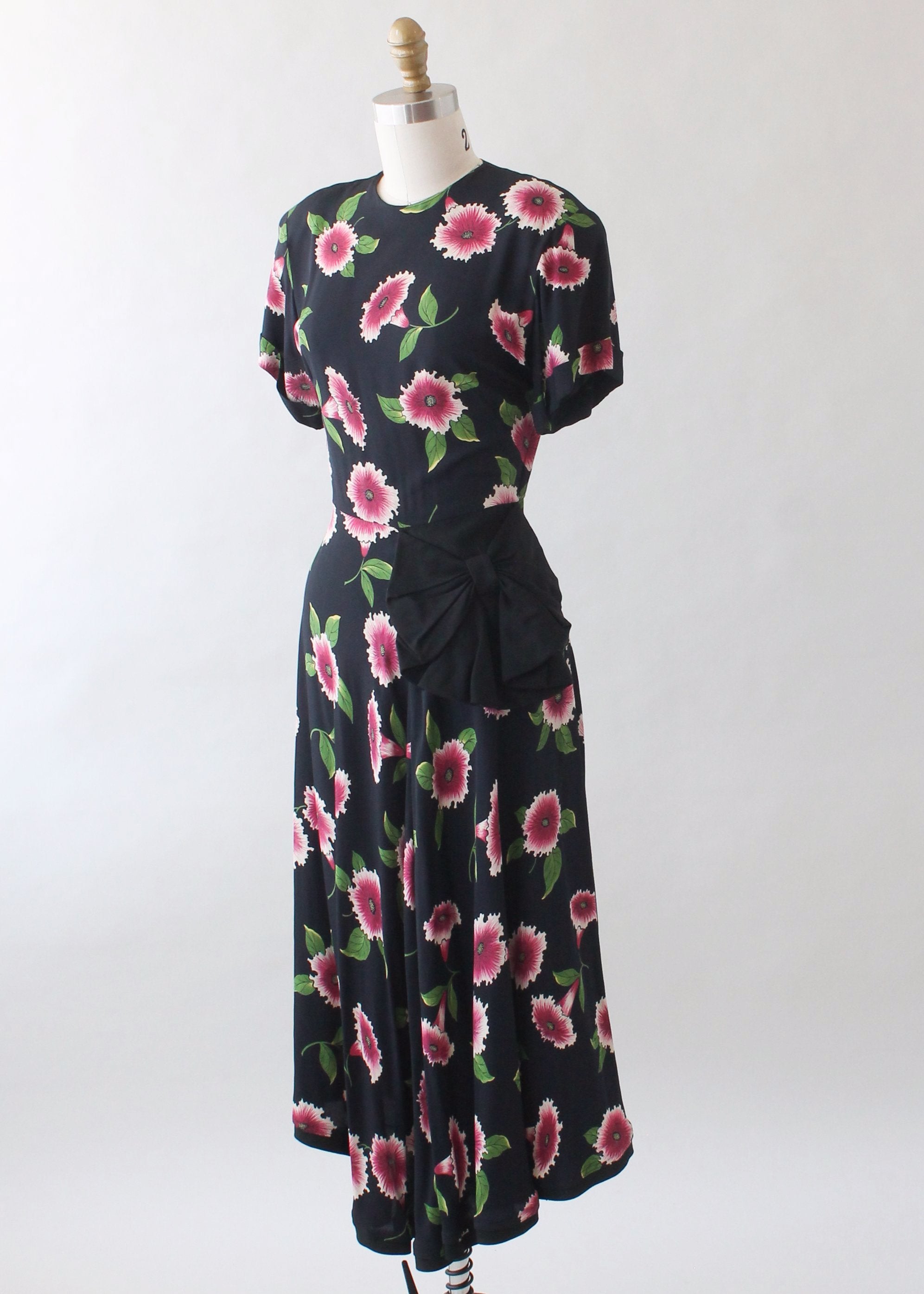 Vintage 1940s Floral Black Rayon Dress