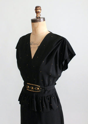 Vintage 1940s Gold Studded Black Crepe Swing Dress