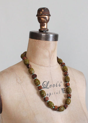 Vintage 1940s Chunky Green Bakelite and Wood Bead Necklace