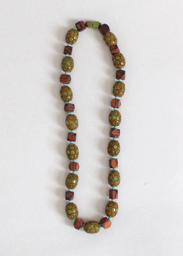 Vintage 1940s Chunky Green Bakelite and Wood Bead Necklace