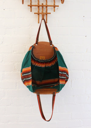 Vintage 1940s Striped Green Canvas and Wood Tote Bag
