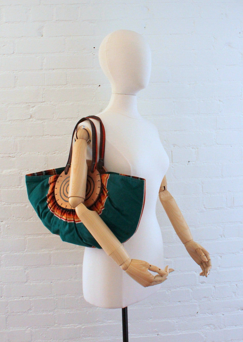 Vintage 1940s Striped Green Canvas and Wood Tote Bag