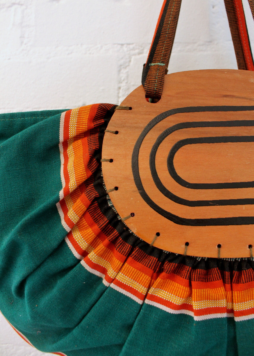 Vintage 1940s Striped Green Canvas and Wood Tote Bag