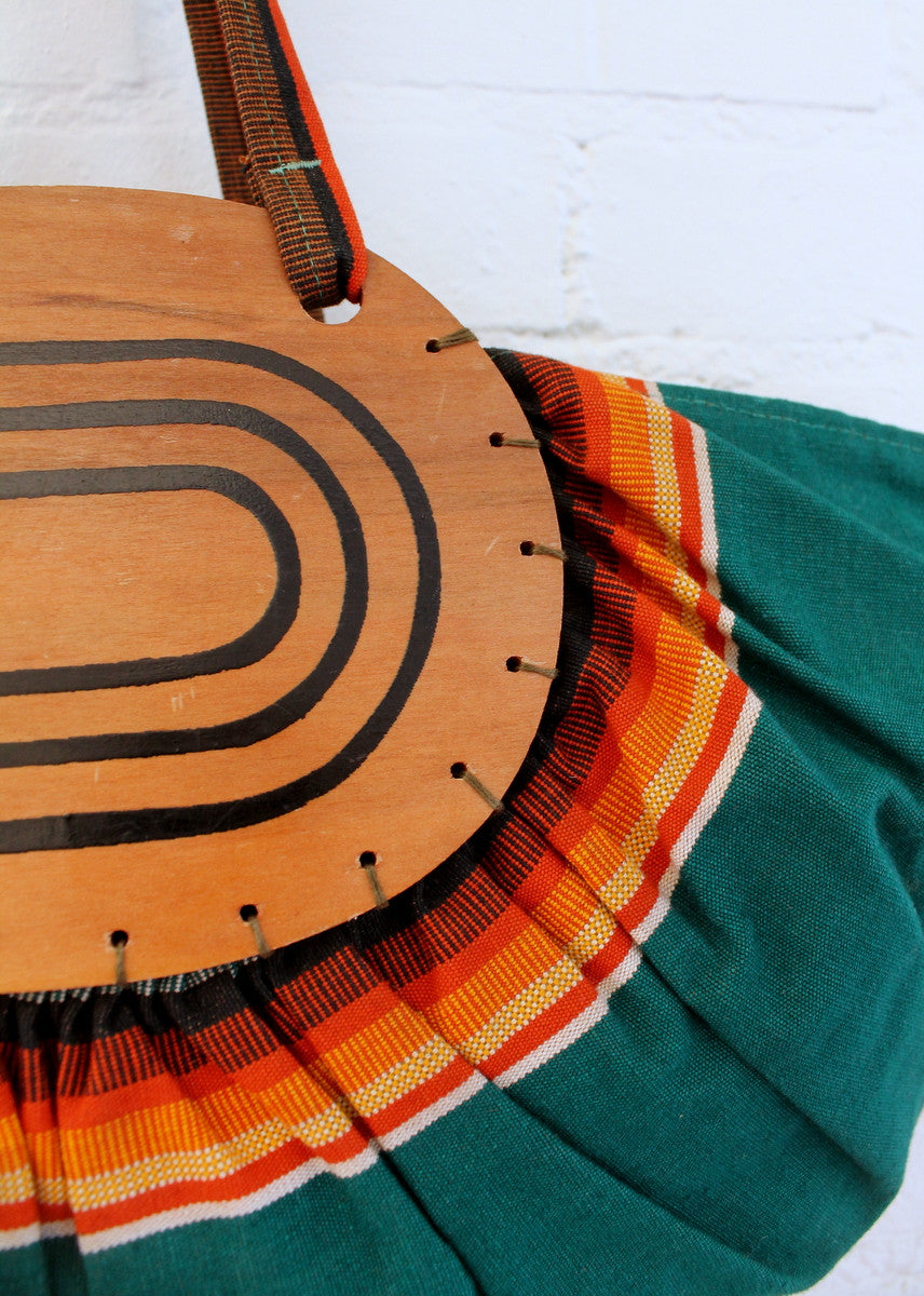 Vintage 1940s Striped Green Canvas and Wood Tote Bag