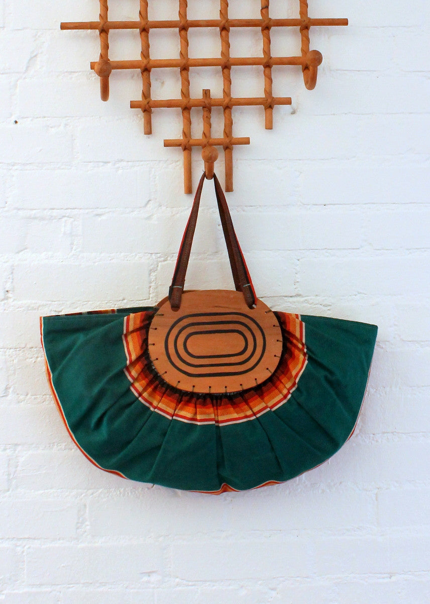Vintage 1940s Striped Green Canvas and Wood Tote Bag