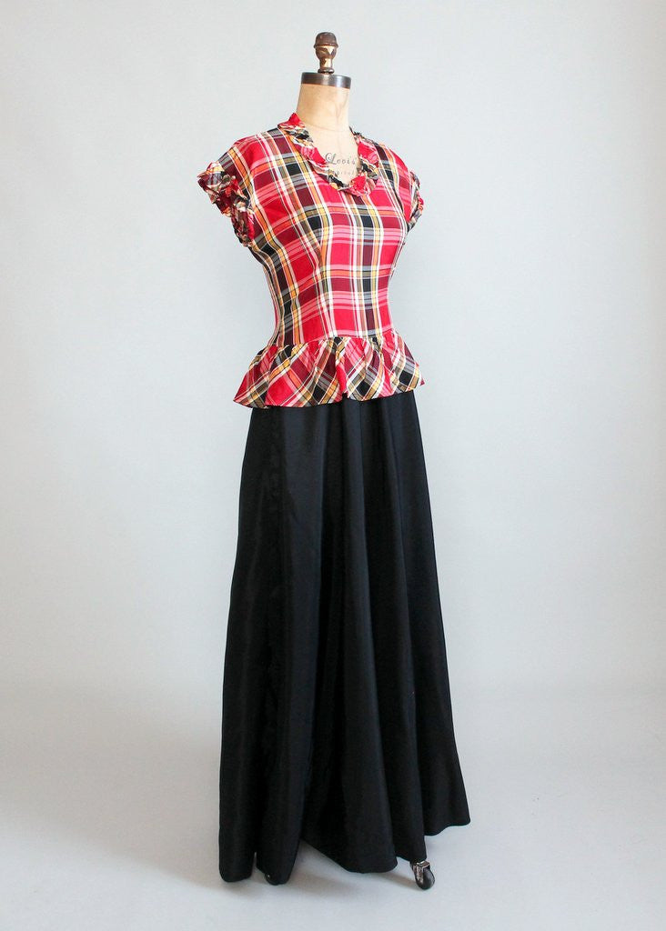 Vintage 1940s Plaid Taffeta Full Length Dance Dress