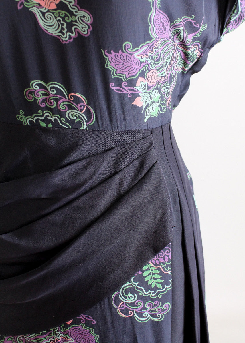Vintage 1940s Floral Rayon Dress with Swag Front Skirt
