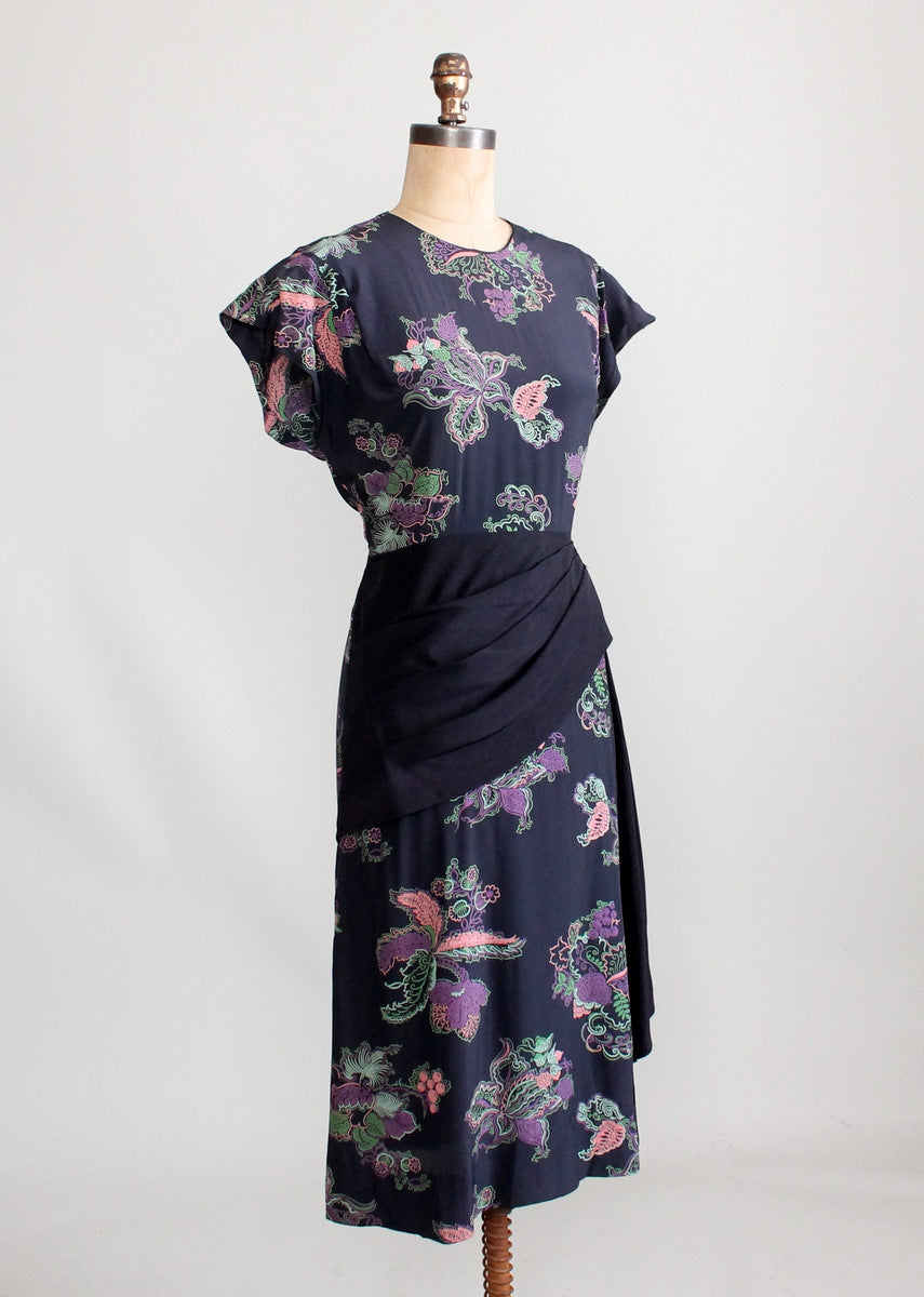 Vintage 1940s Floral Rayon Dress with Swag Front Skirt