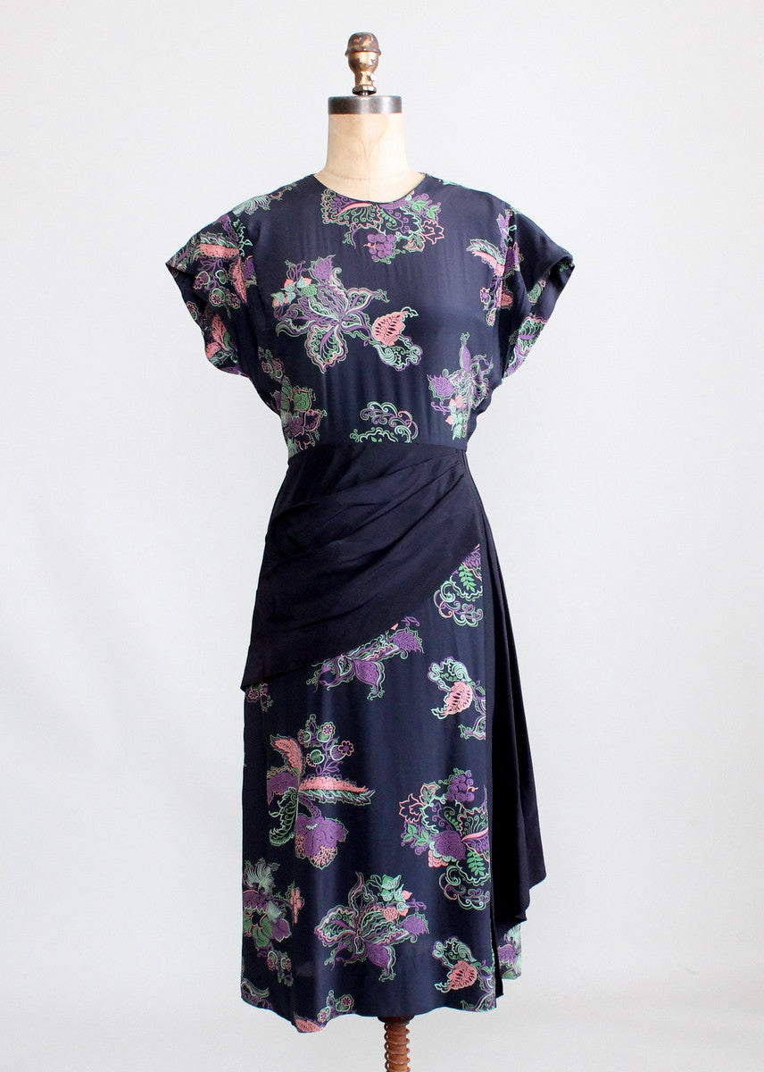 Vintage 1940s Floral Rayon Dress with Swag Front Skirt
