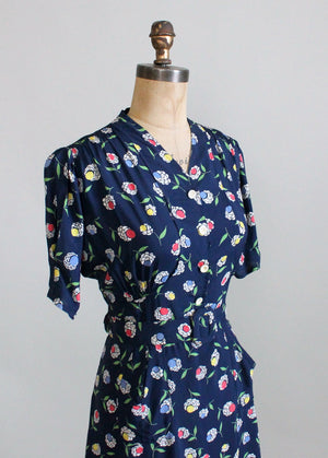 Vintage 1940s Floral Navy Rayon Slit Pocket Dress