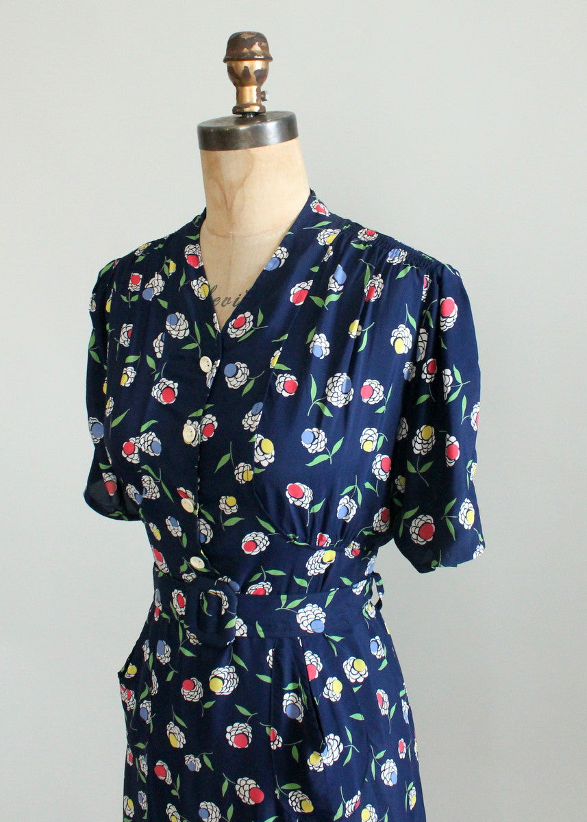 Vintage 1940s Floral Navy Rayon Slit Pocket Dress