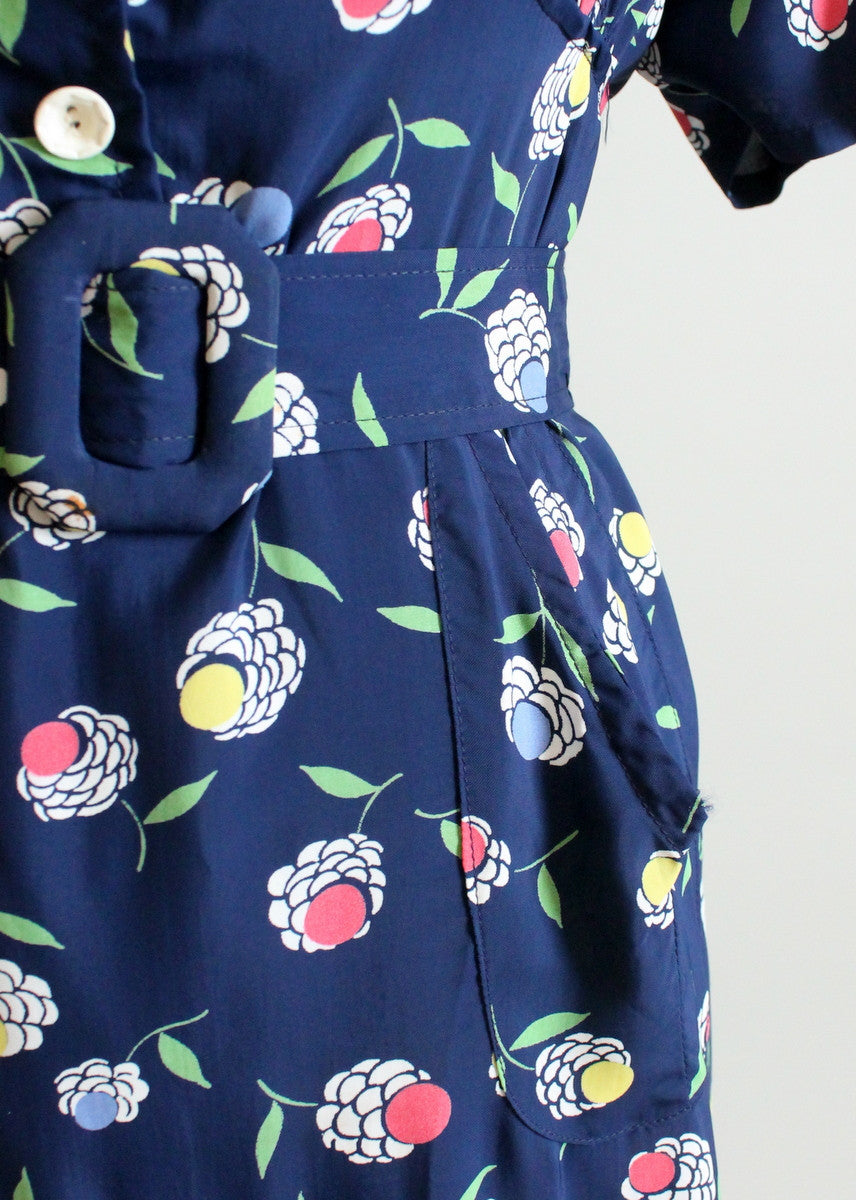 Vintage 1940s Floral Navy Rayon Slit Pocket Dress