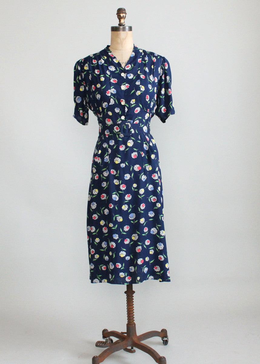 Vintage 1940s Floral Navy Rayon Slit Pocket Dress