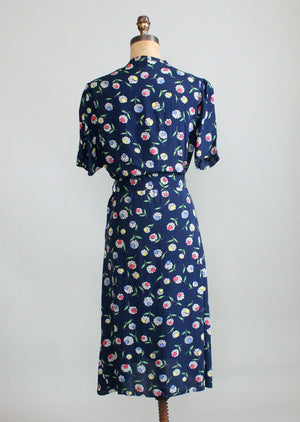 Vintage 1940s Floral Navy Rayon Slit Pocket Dress