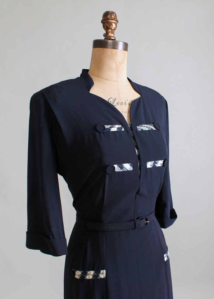 Vintage 1940s Sensibly Young Navy Rayon Day Dress